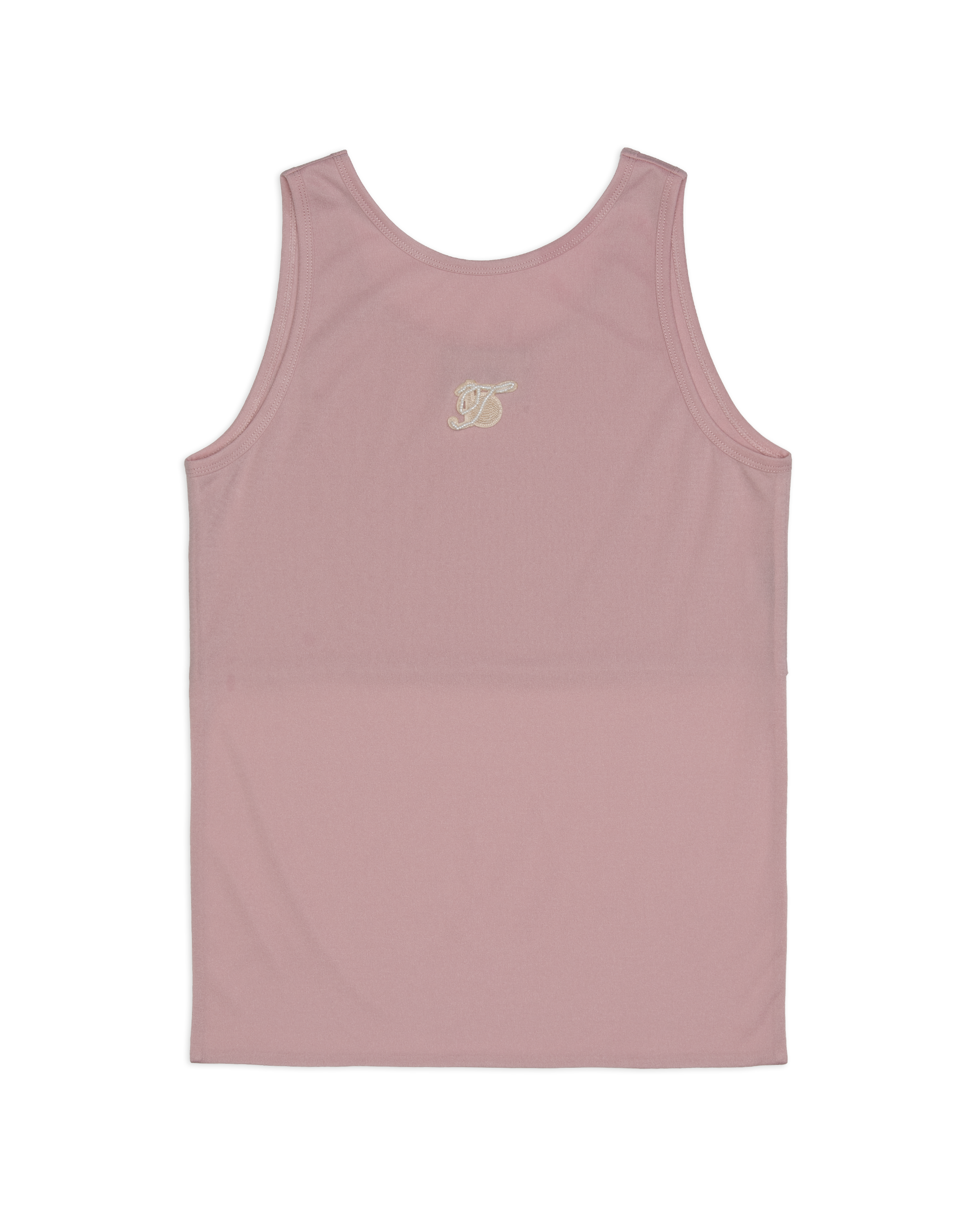 Pink tank top with a small logo on the back against a white background