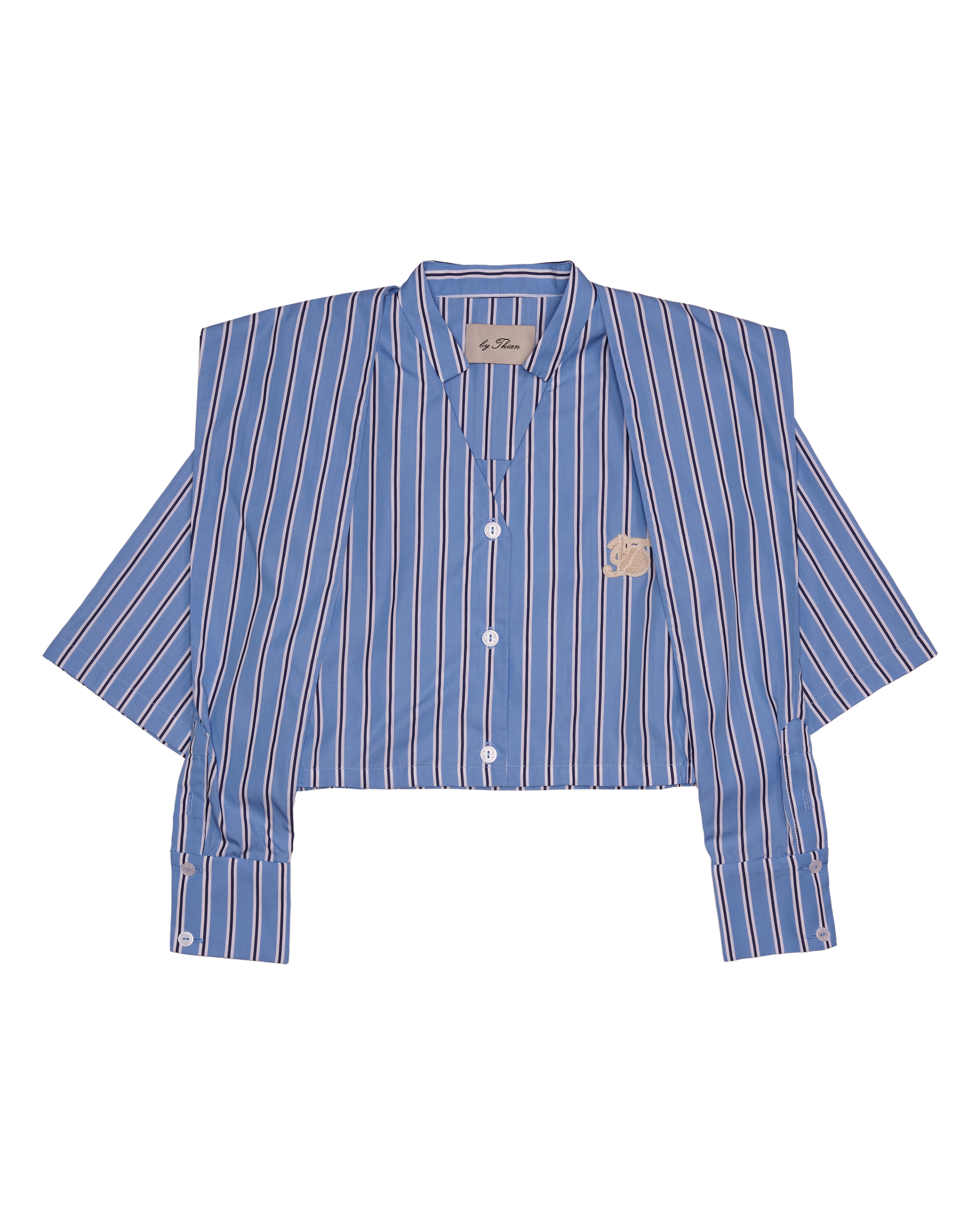 Blue and white striped shirt with a small logo on a white background