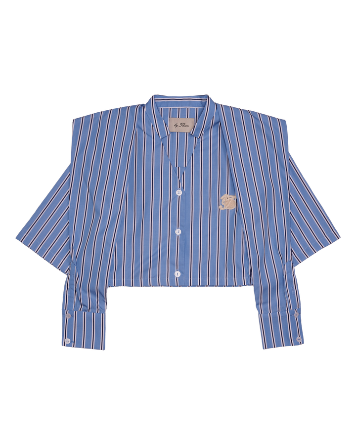 Blue and white striped shirt with a small logo on a white background