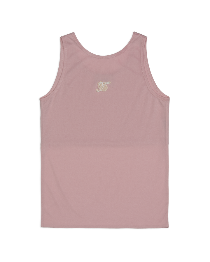 Pink tank top with a small logo on the back against a white background