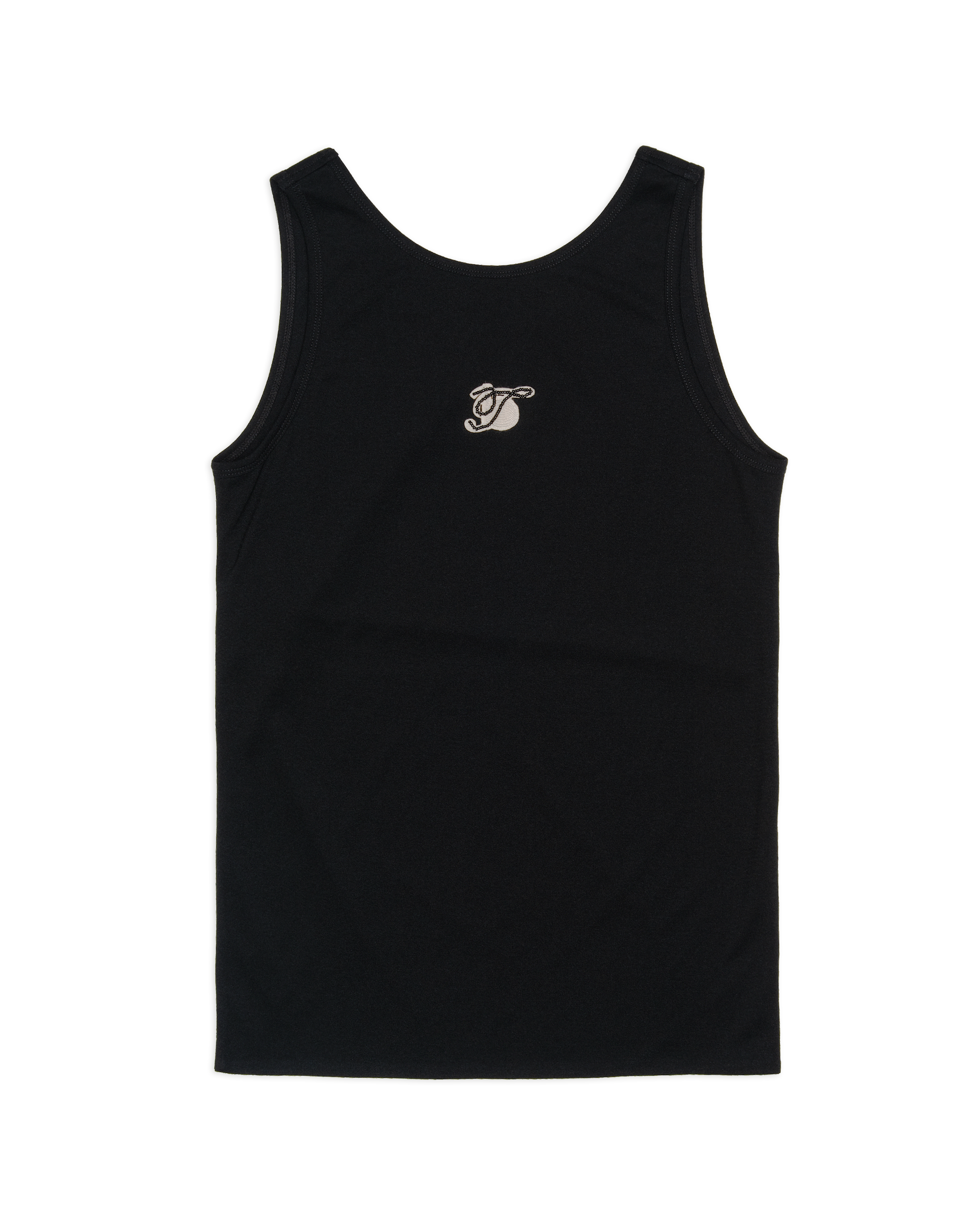 Black tank top with a logo on the chest against a white background