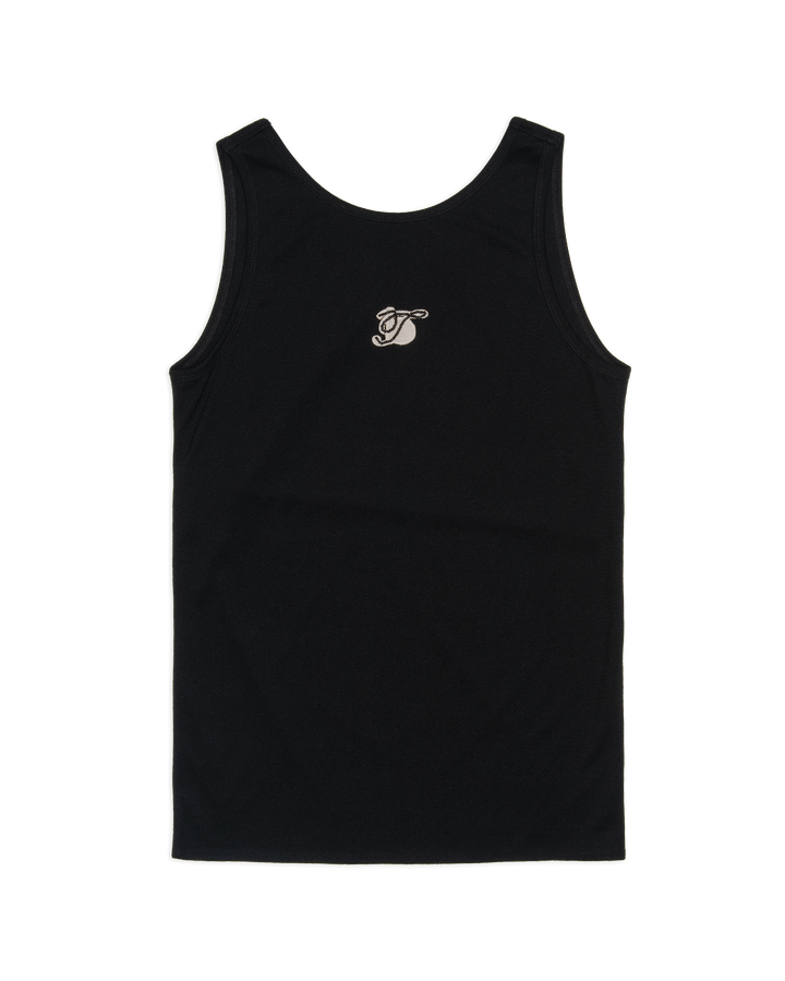Black tank top with a logo on the chest against a white background