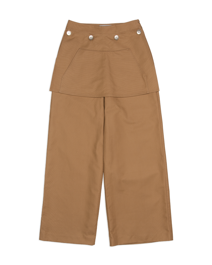 Brown pants with button details on a white background
