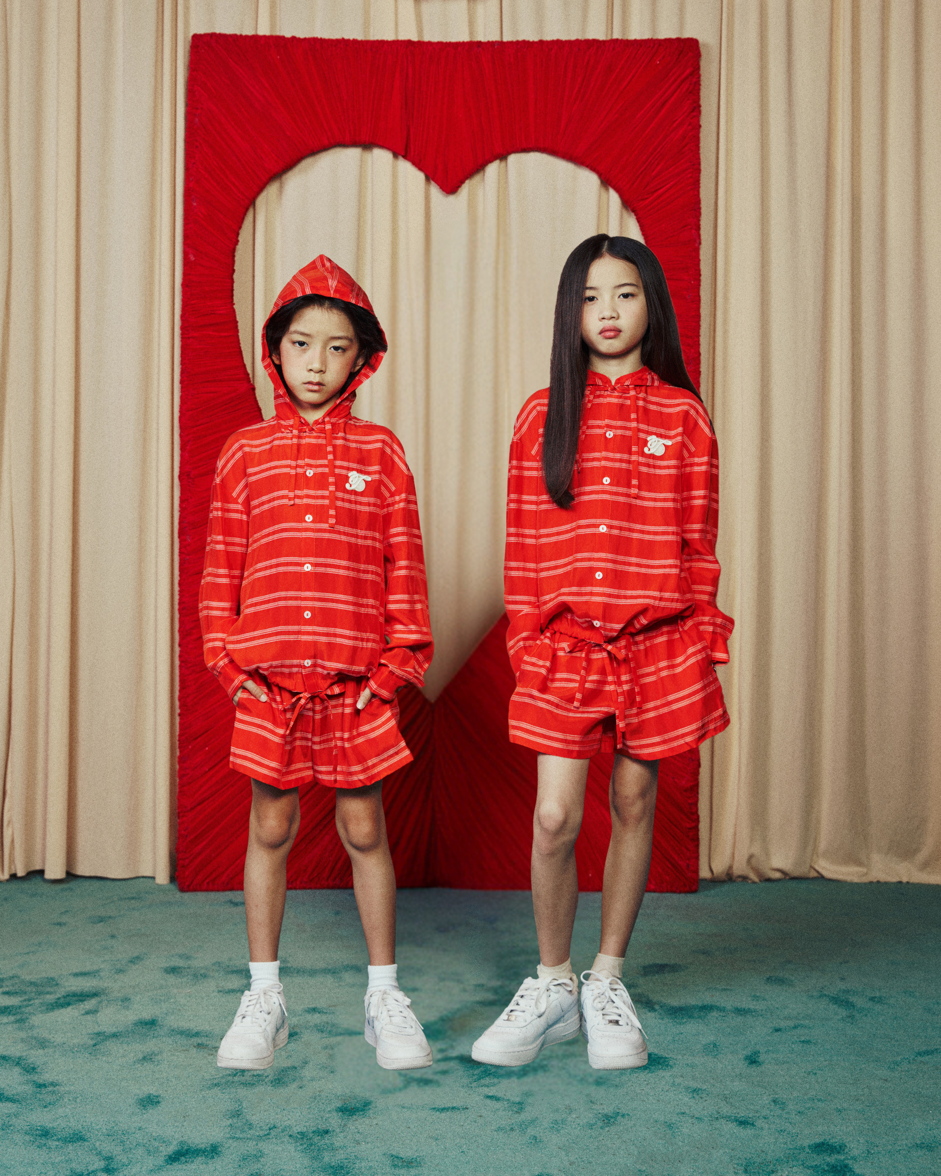 Kids Set Chinese Button Sporty Soft Hoodie Red