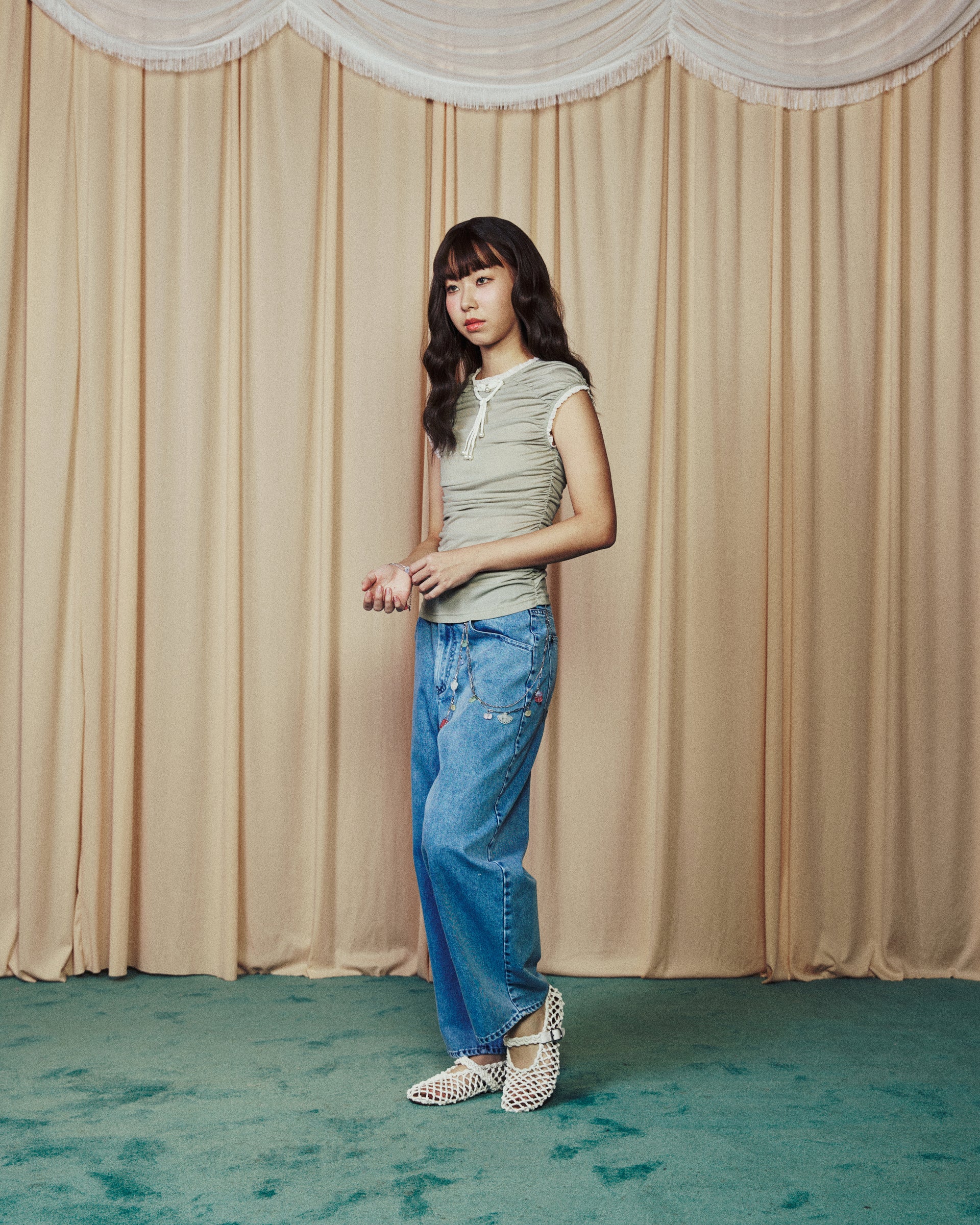 Heart Shape Chinese Knot Gathered Knit Top Pastel Green