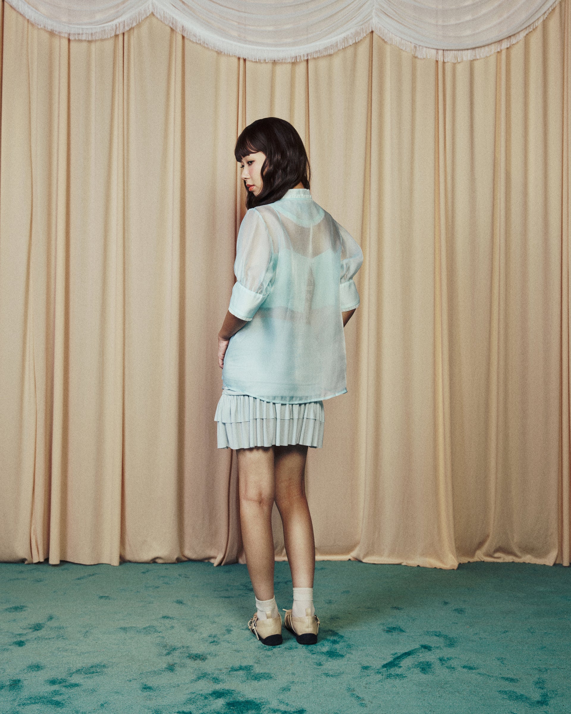 Puff Sleeve Transparent Sheer Blouse Pastel Blue