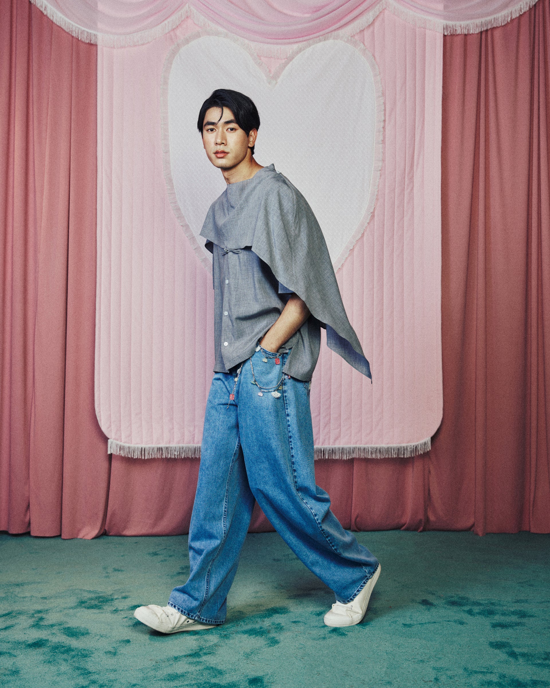 Men Cape Blouse with Chinese Button Grey