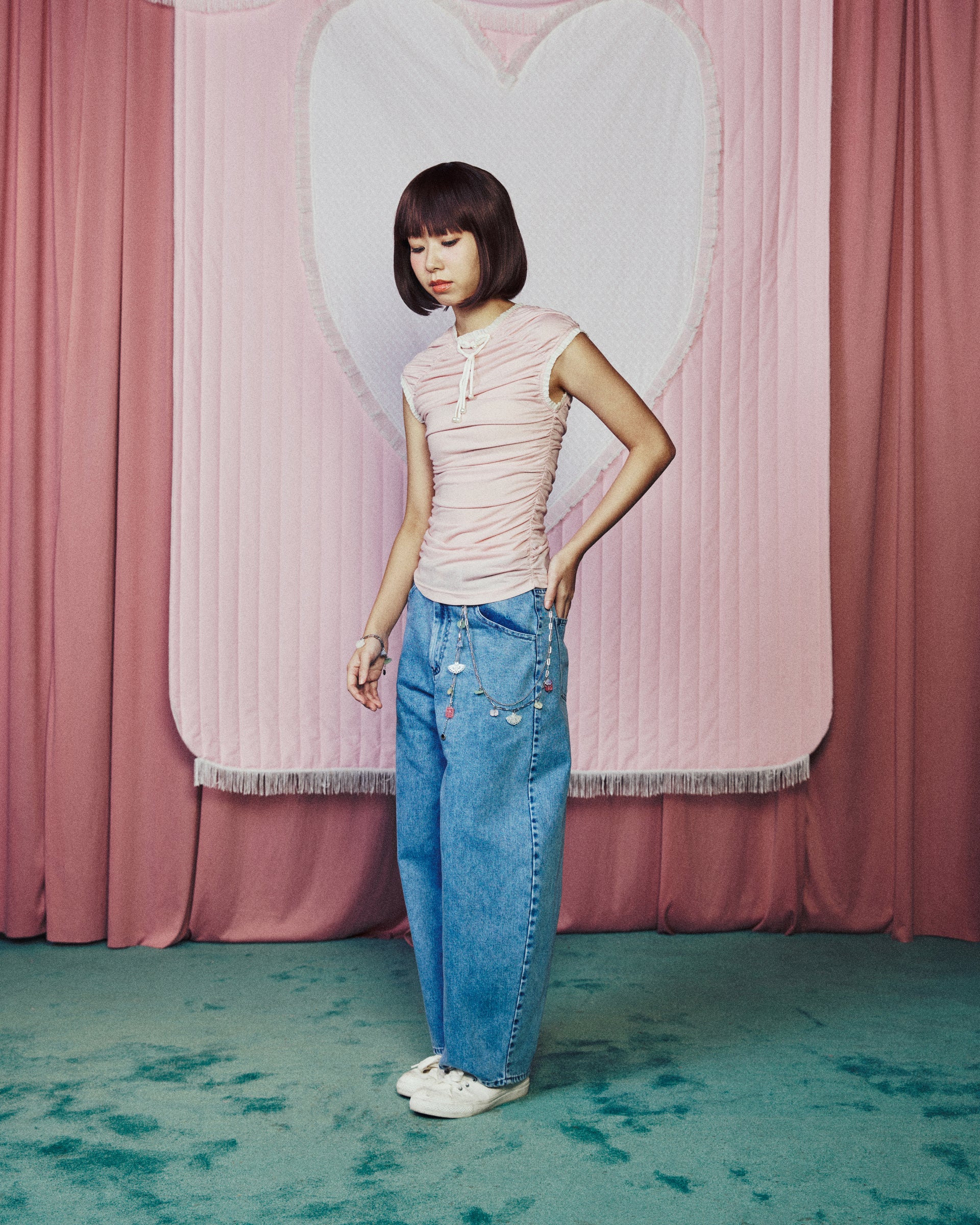 Heart Shape Chinese Knot Gathered Knit Top Pink