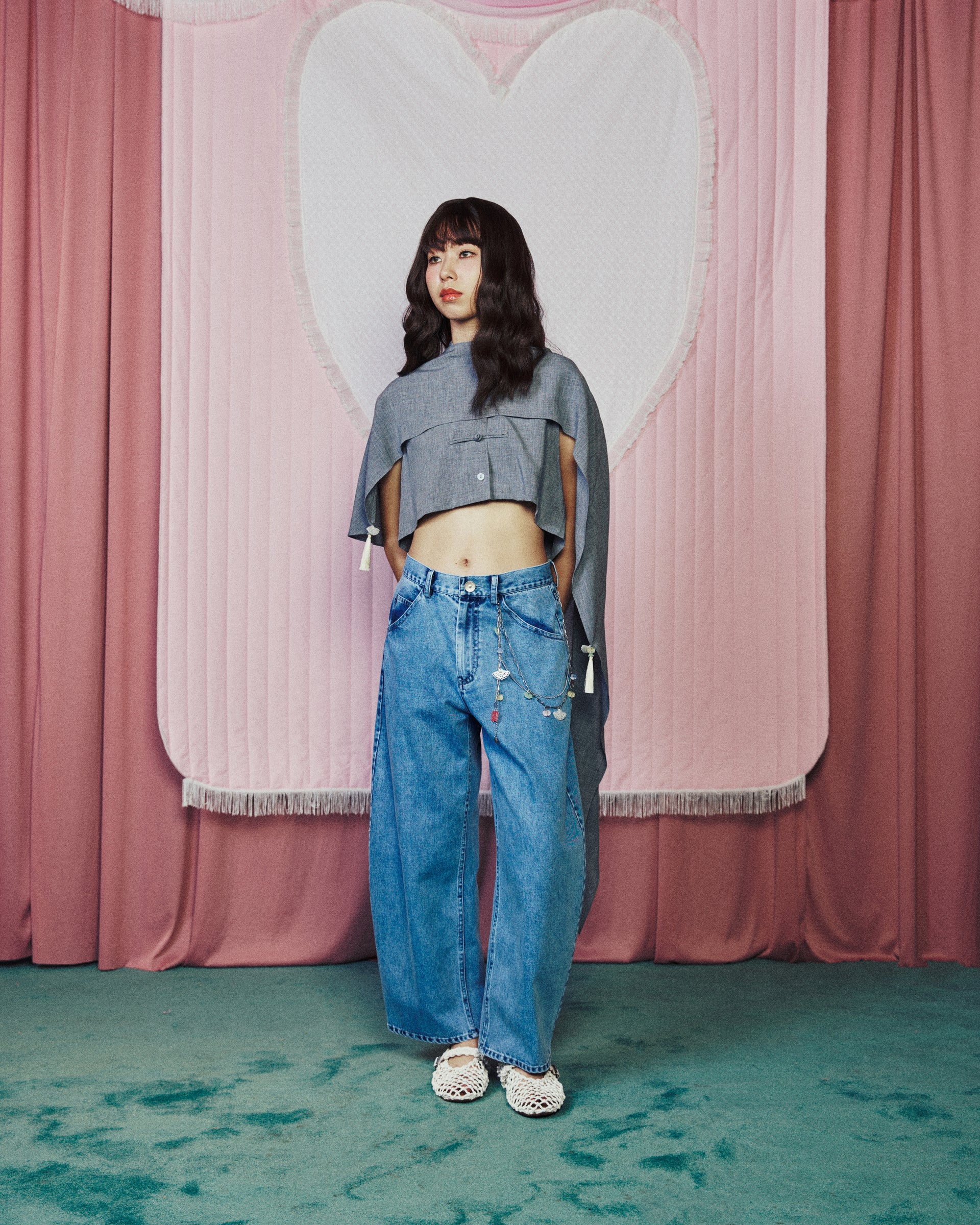 Cape Cropped Top with Chinese Button Grey