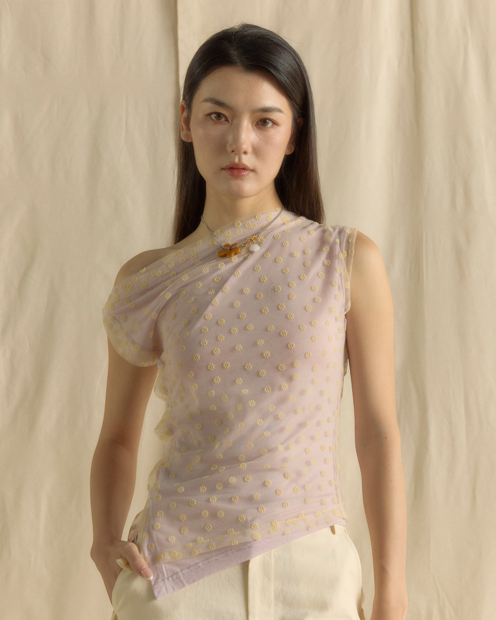 Off Shoulder Overlayed Lacey Knit Top Lilac