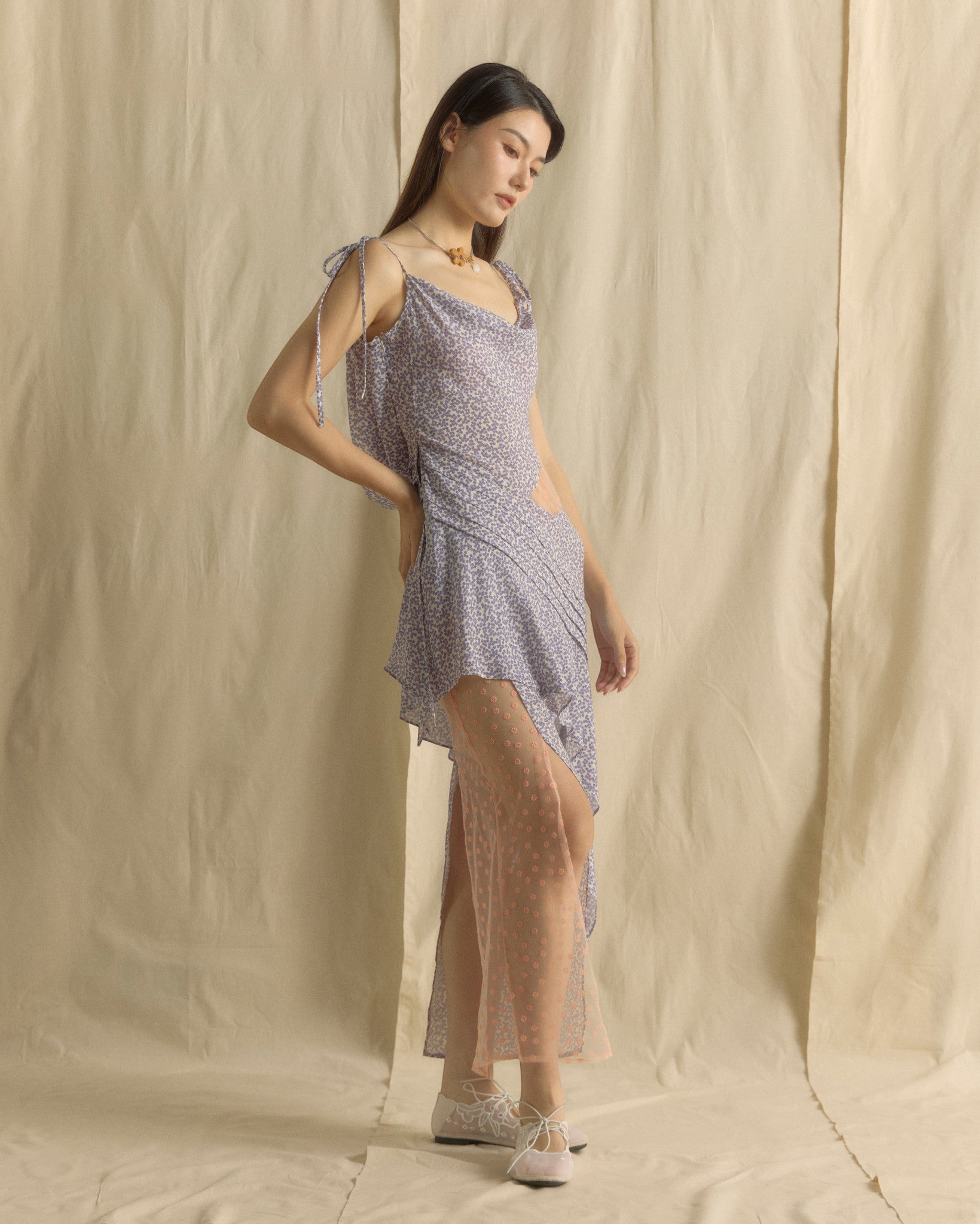 Drapped Blooming Long Dress Lilac