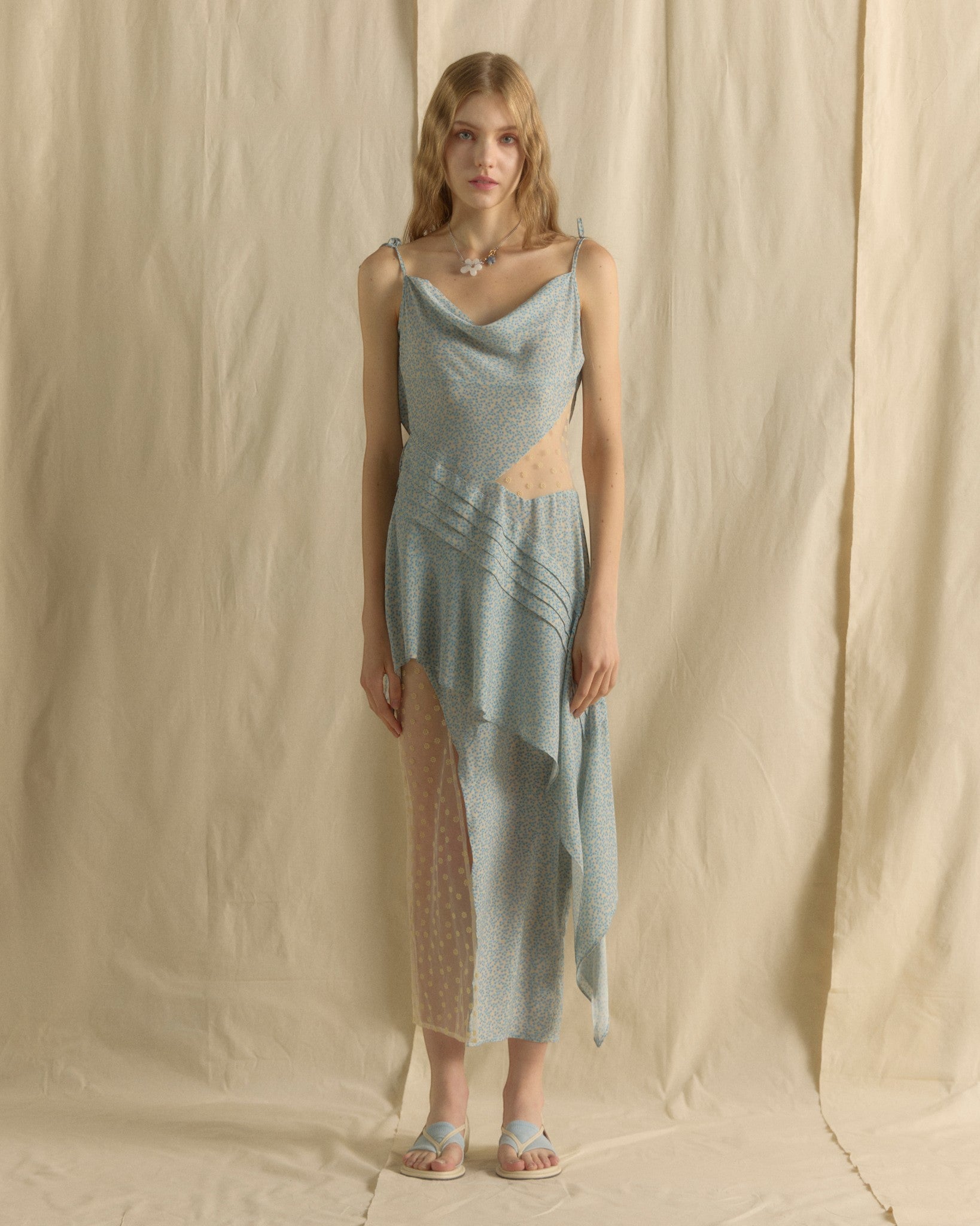 Drapped Blooming Long Dress Blue