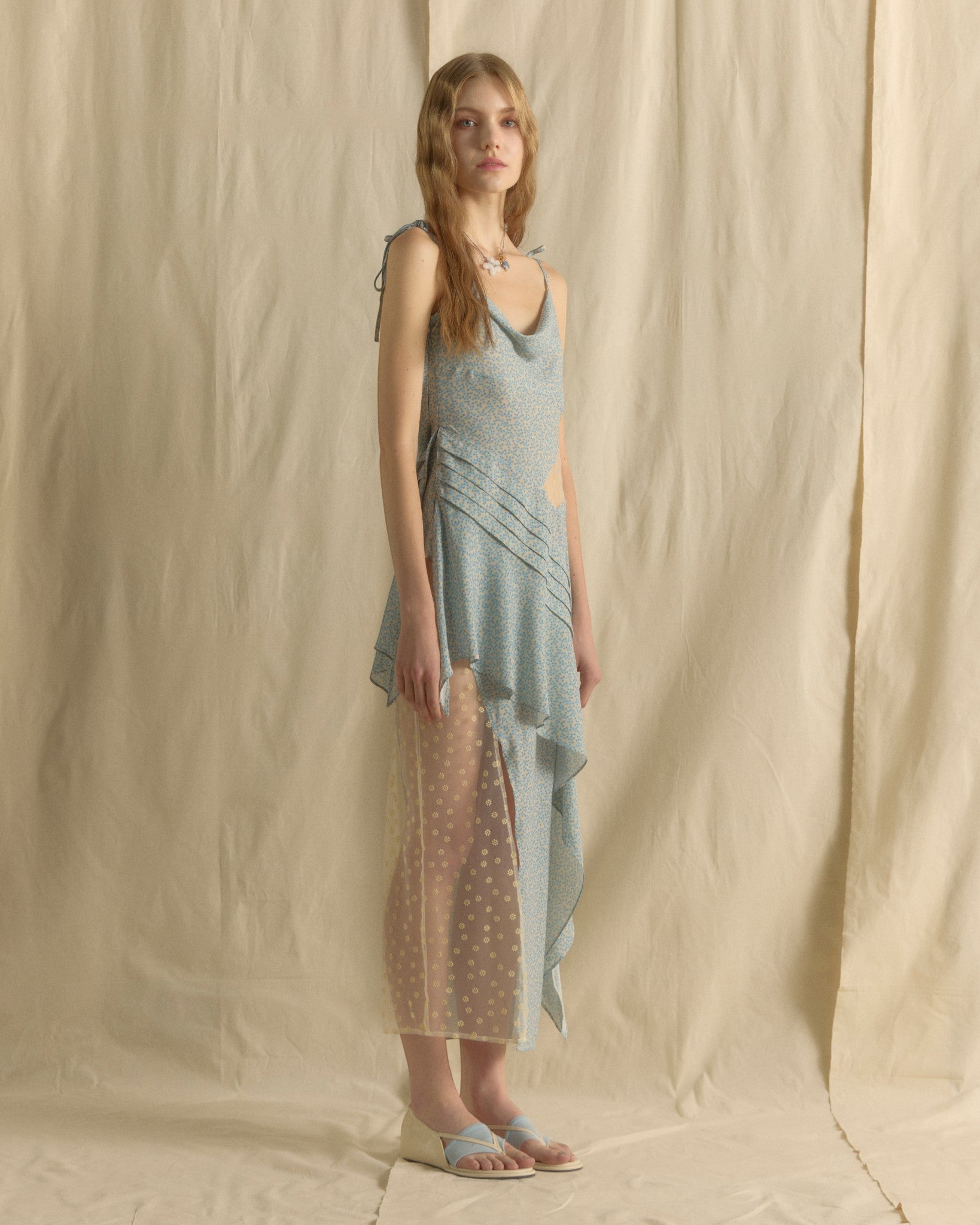 Drapped Blooming Long Dress Blue