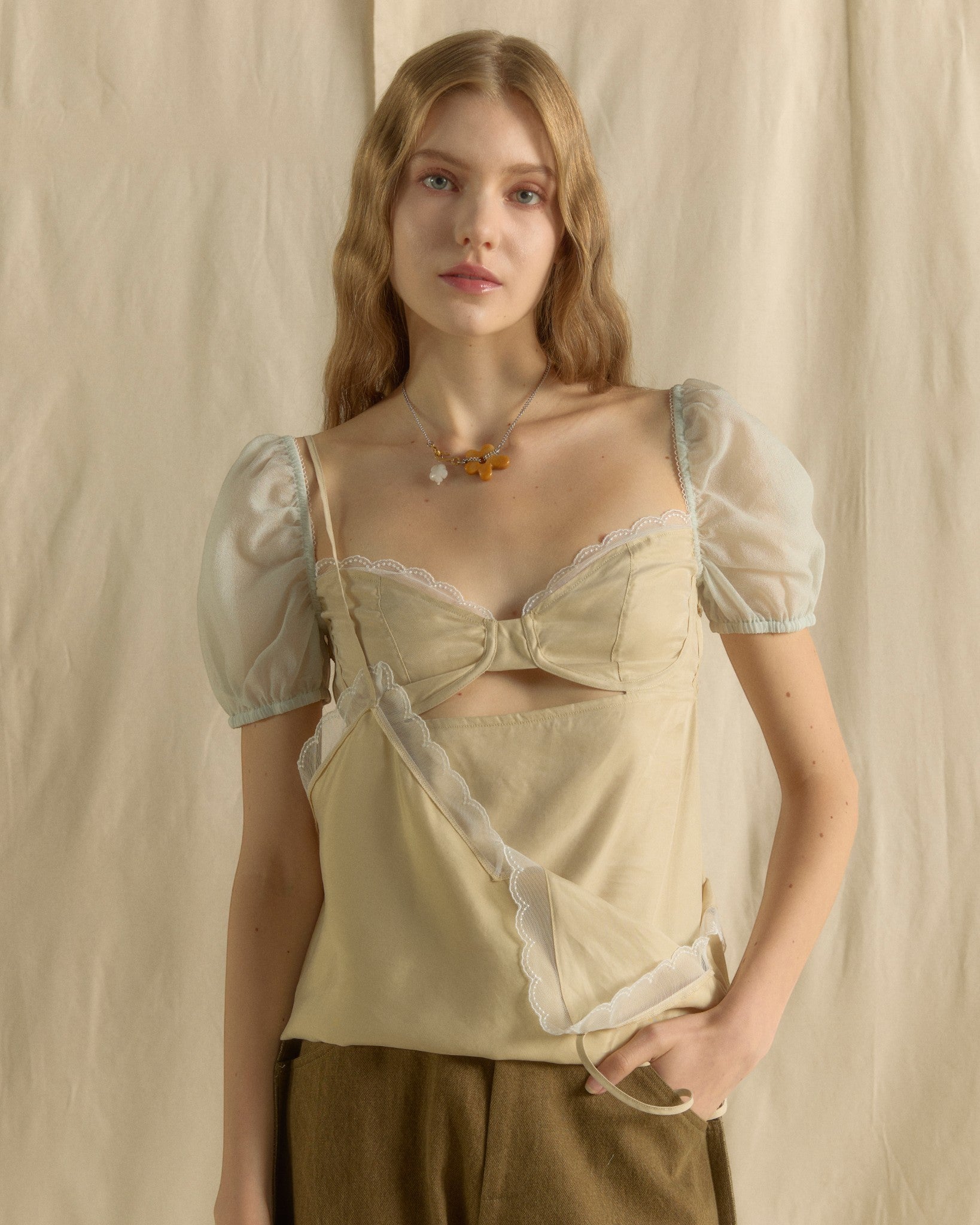 Puffy Sleeve Bralette Top Balmy Green