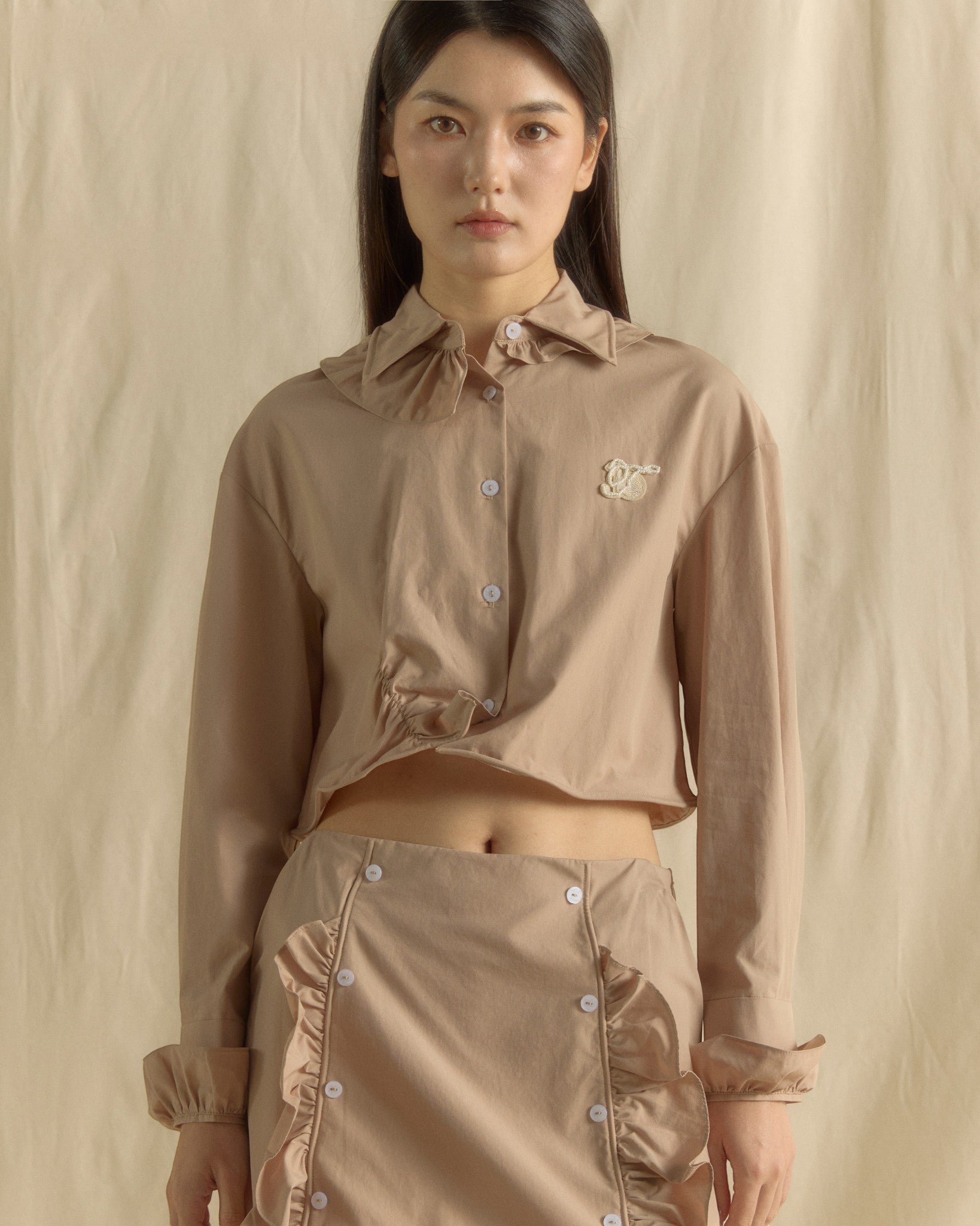 Longsleeve Uneven Ruffle Wired Crop Top Taupe