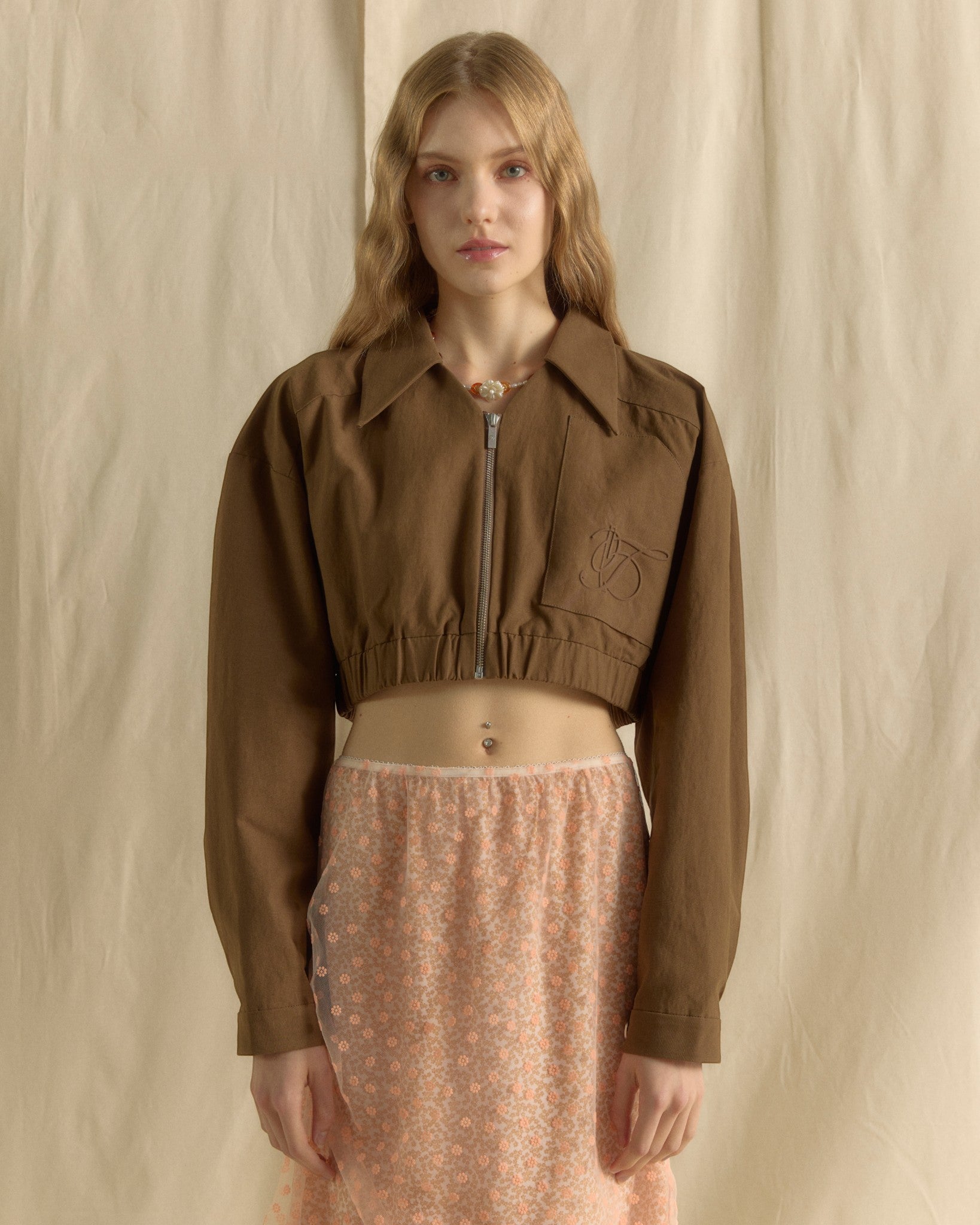 Crop Jacket top with side pockets Dark Olive Green