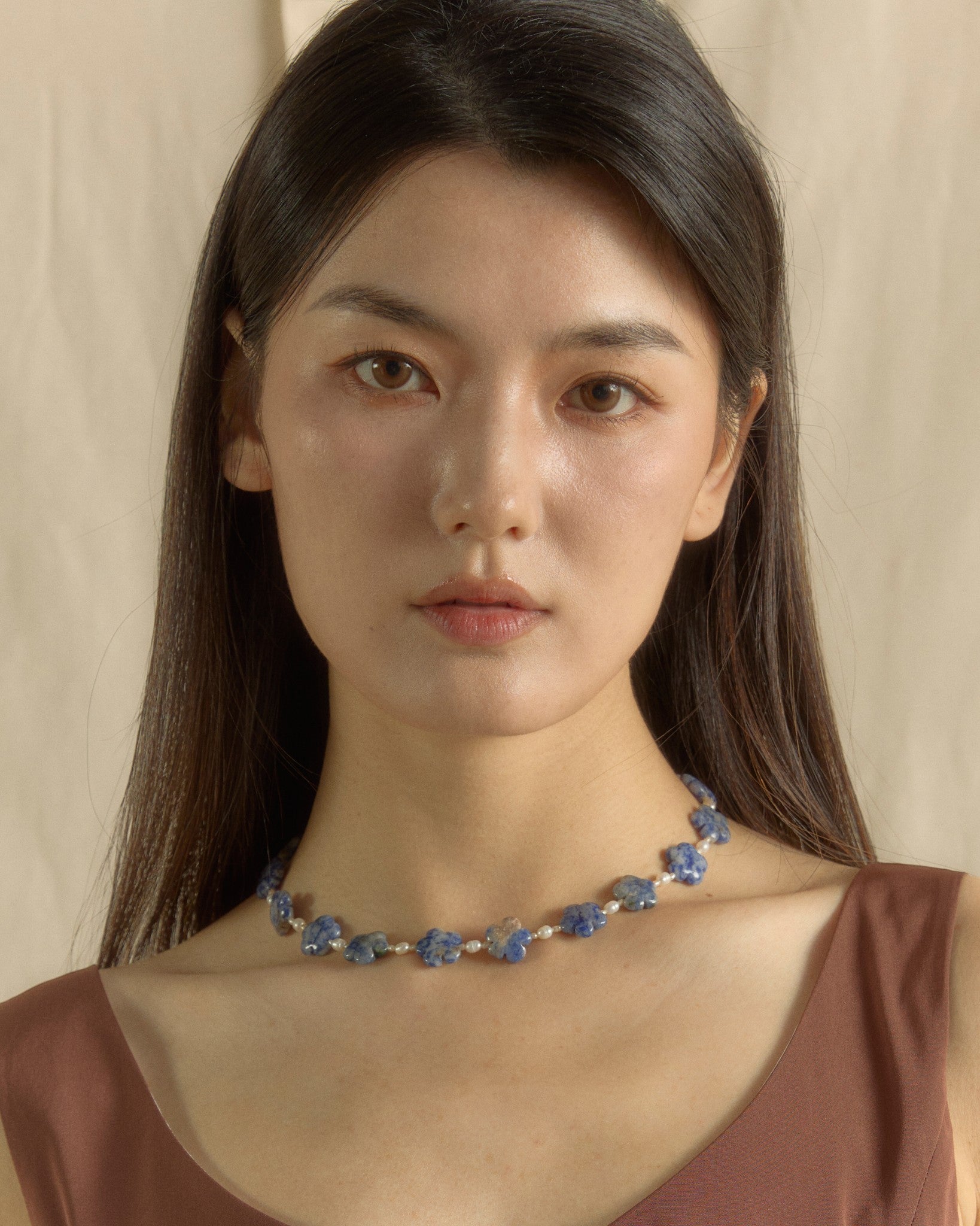 Flower Crystal Beaded Necklace Blue