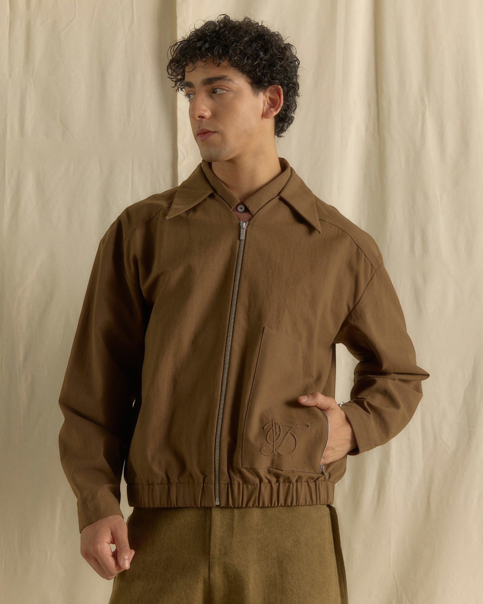 Men Zip Up Jacket Dark Olive Green