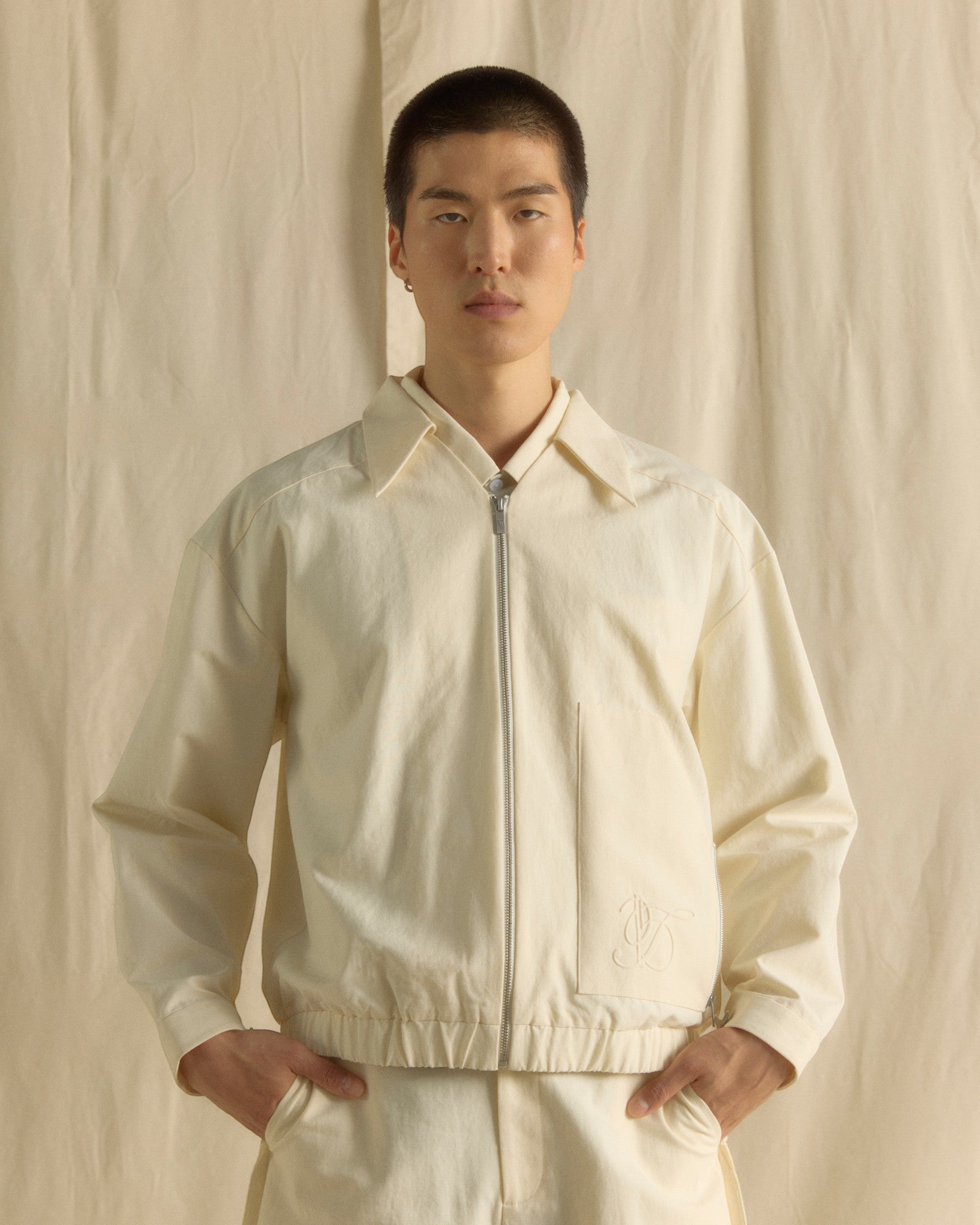 Men Zip Up Jacket Cream White