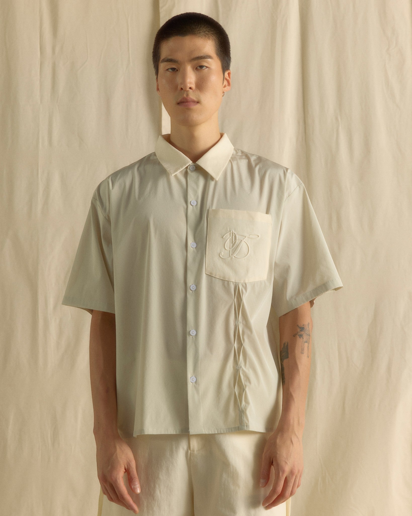 Vertical Pin-tucked Shirt with Pocket Cream