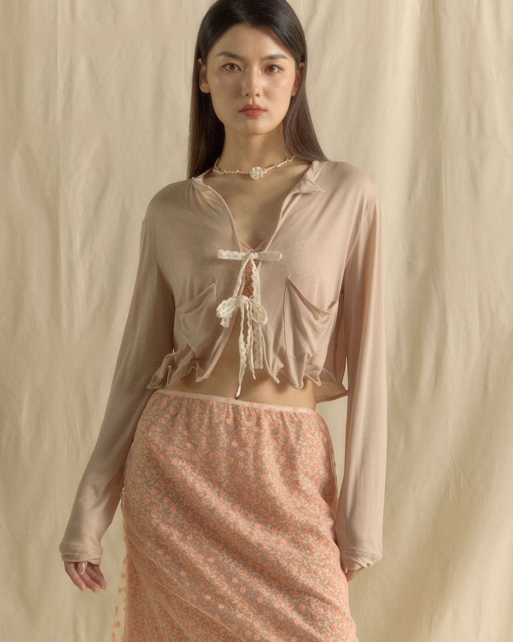 Bloomy Sheer Wired Cardigan Taupe