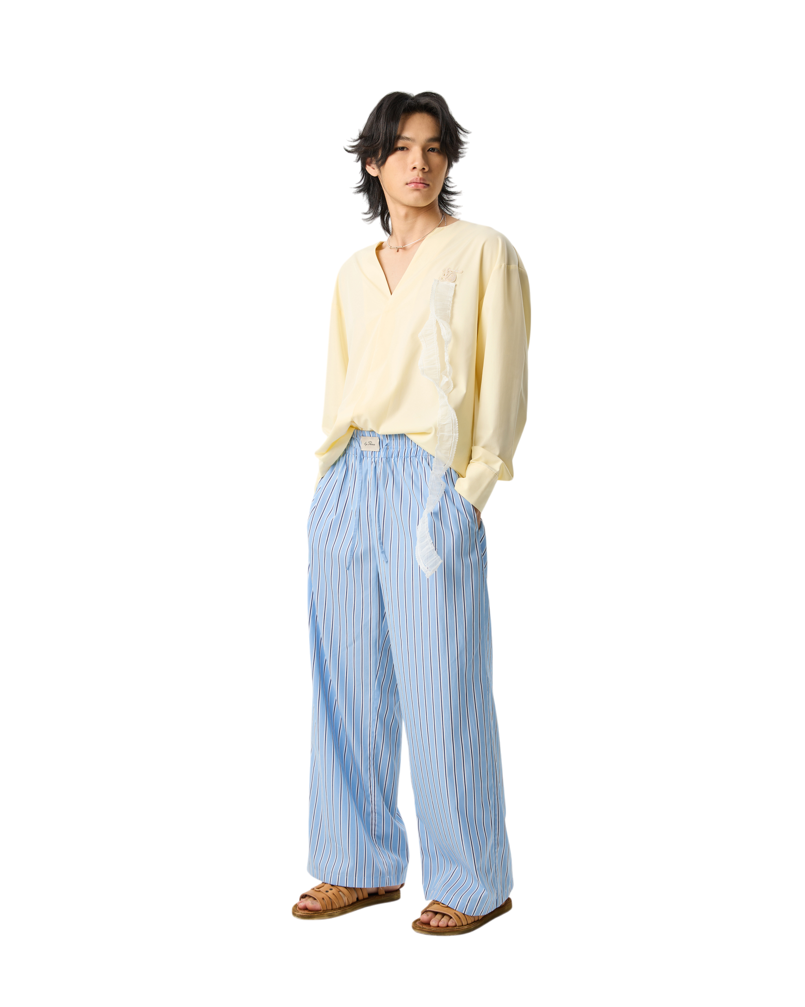 Men V-neck Long Sleeve Blouse With Lace Yellow
