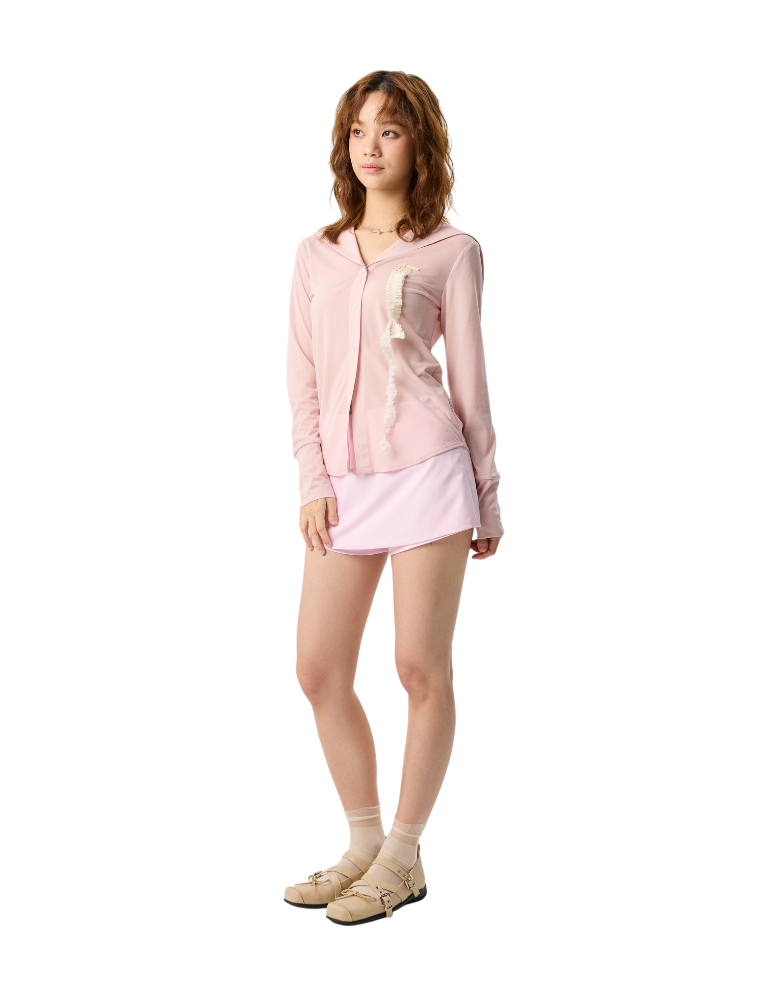 Women Longsleeve Sailor Blouse With Lace Pink