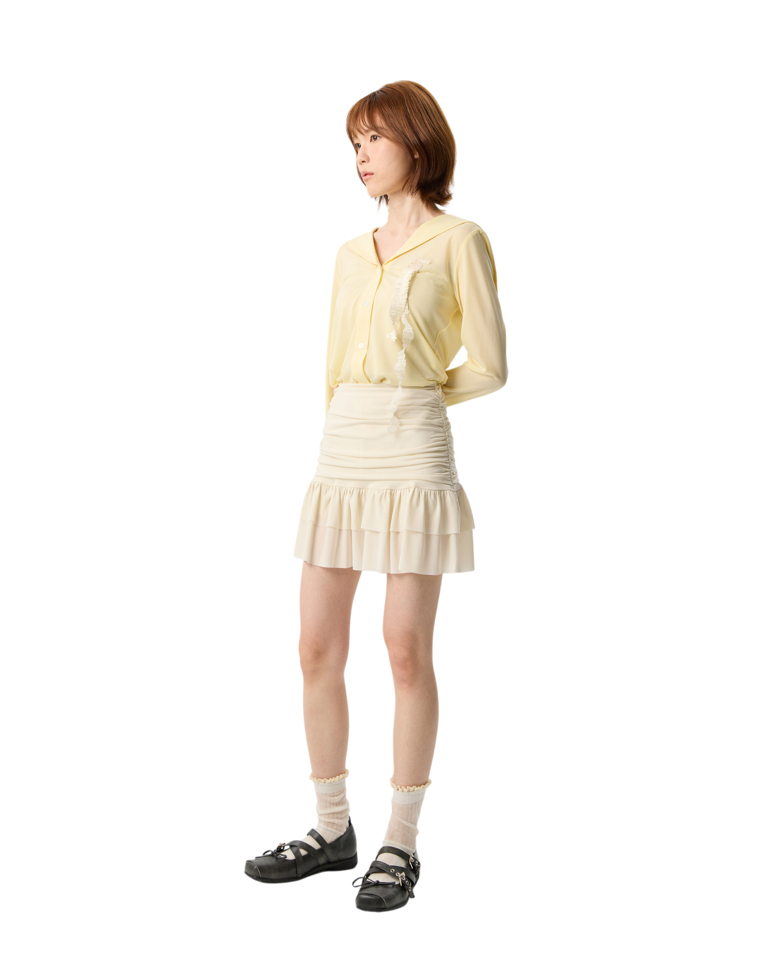 Women Longsleeve Sailor Blouse With Lace Yellow