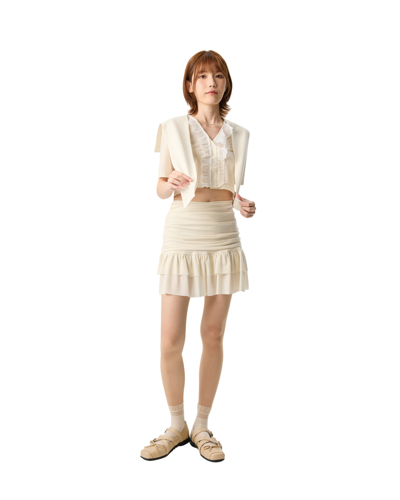 Lay Over Sheer Knit Cropped Top With Lace Cream