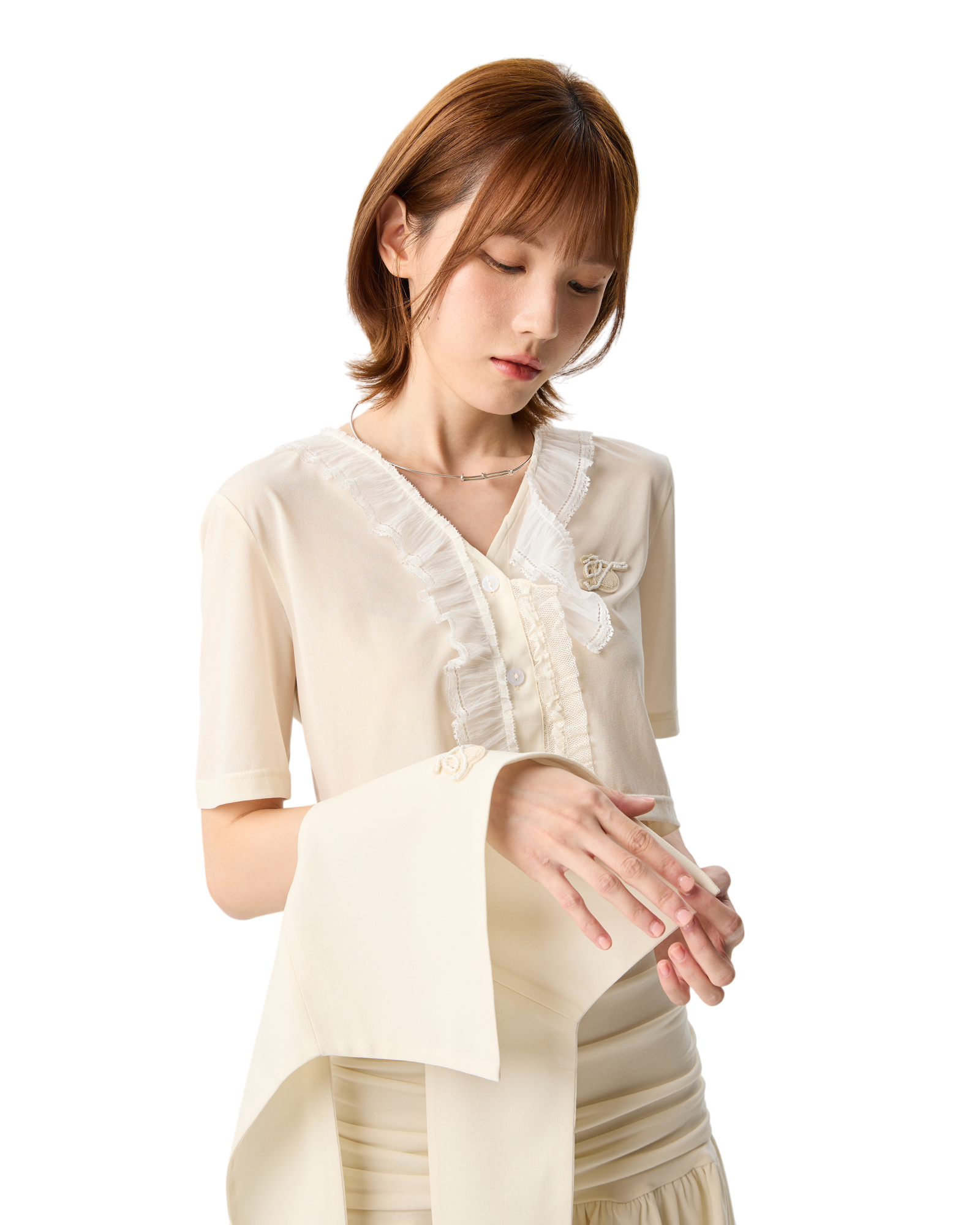 Lay Over Sheer Knit Cropped Top With Lace Cream