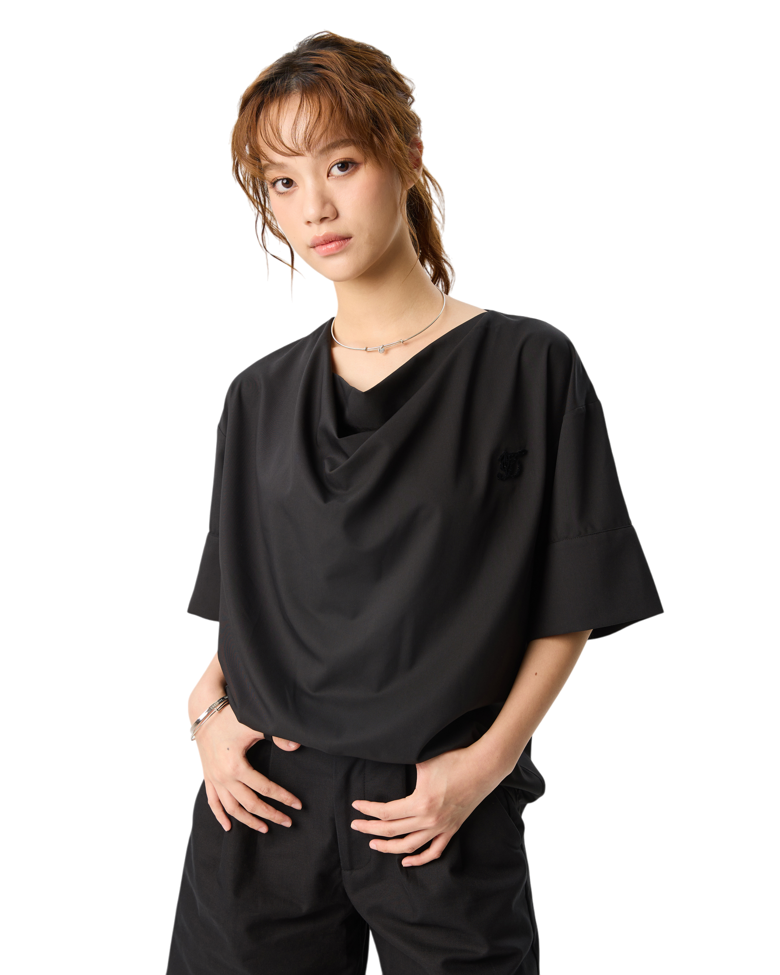 Women Draped Cowl Neck Shirts Black