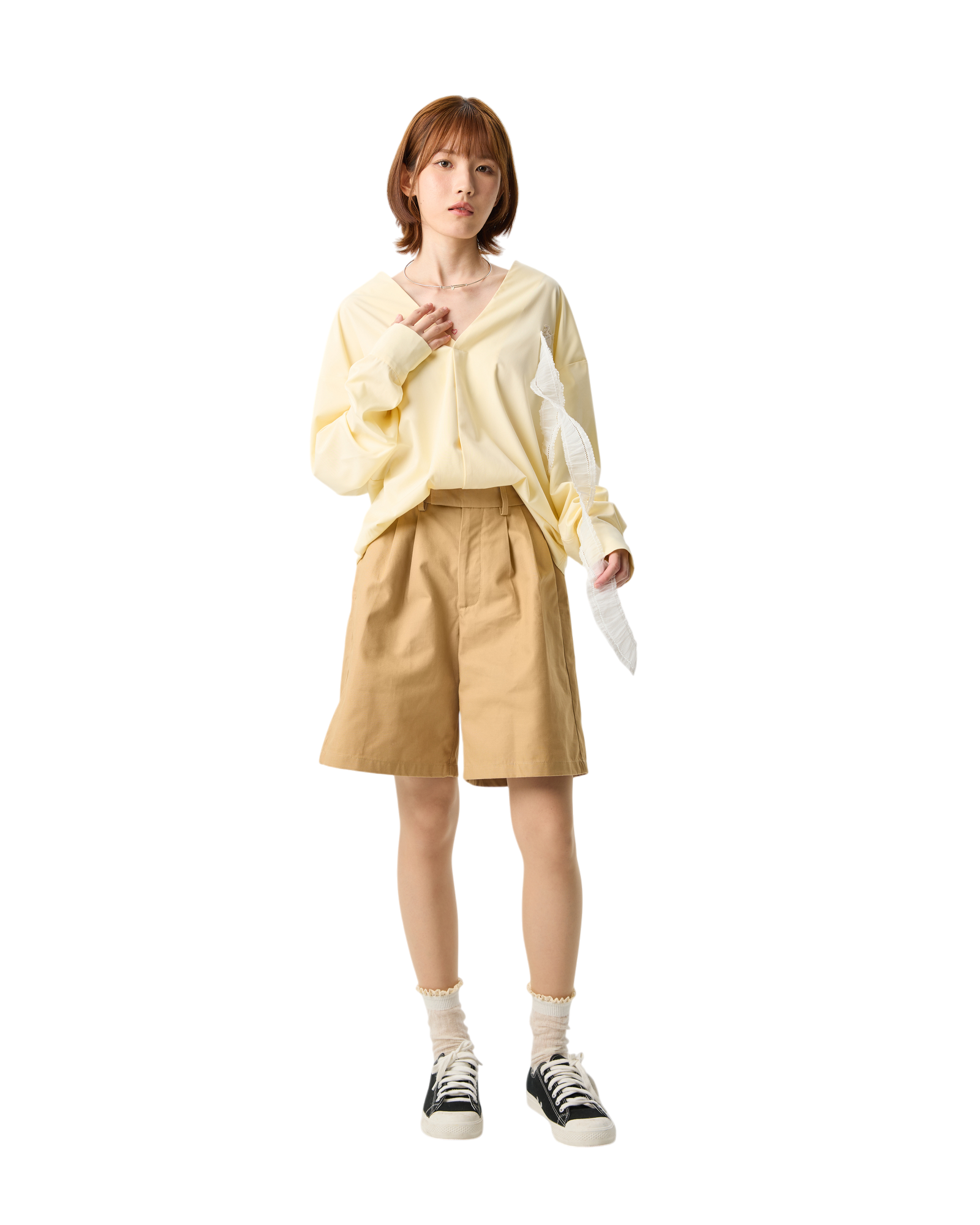 Women V-neck Long Sleeve Blouse With Lace Yellow