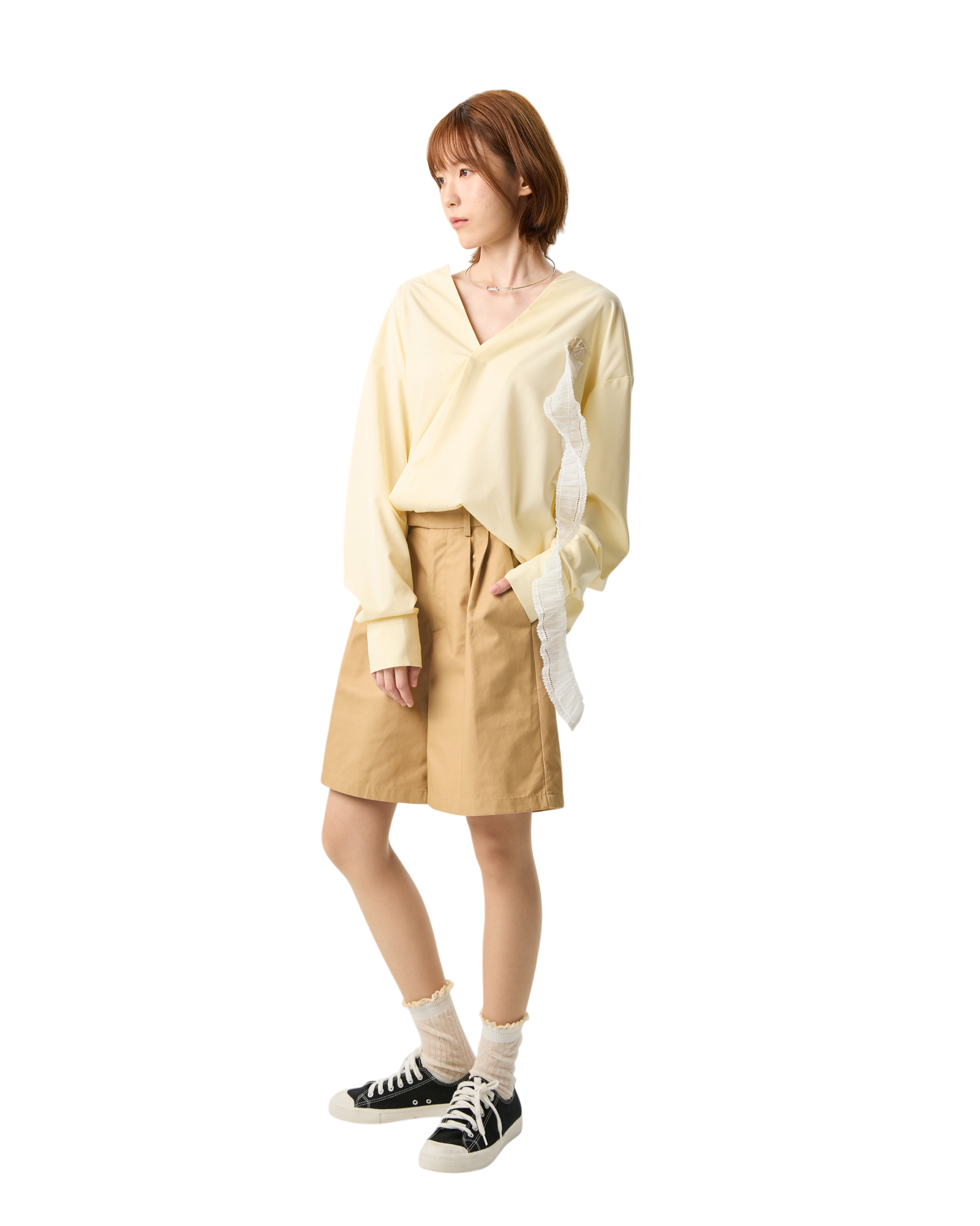 Women V-neck Long Sleeve Blouse With Lace Yellow
