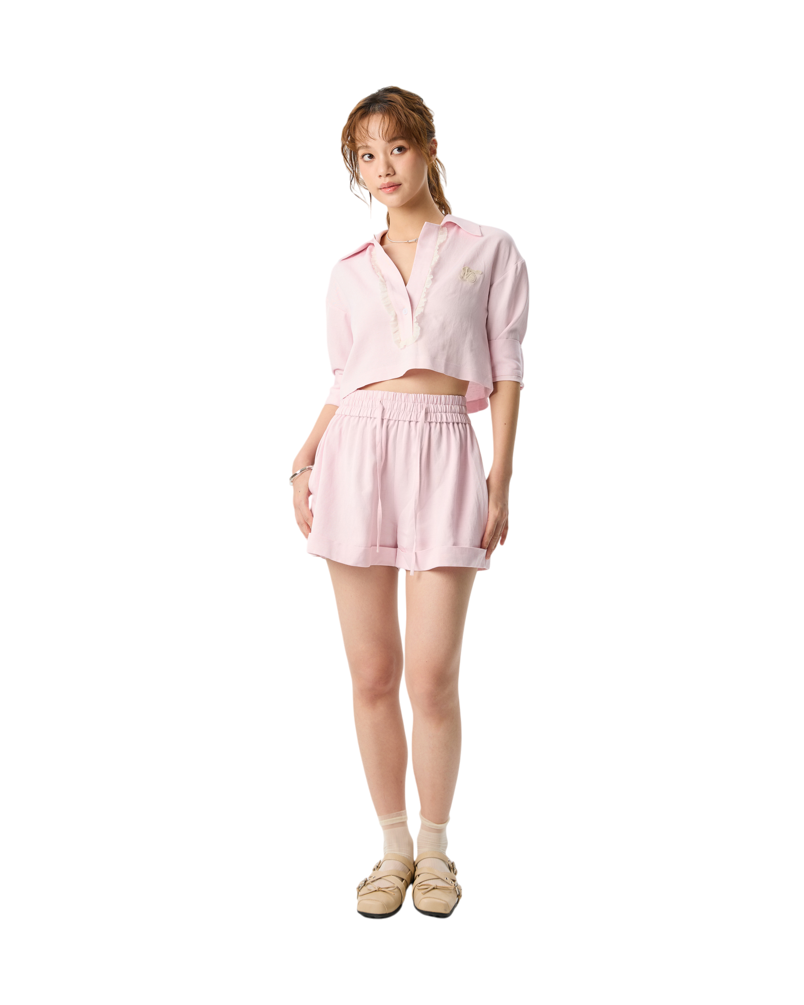 Women Linen Crop Top Pink