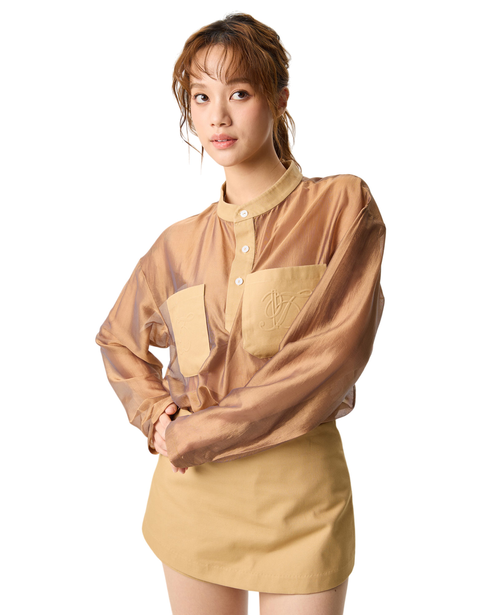 Women Sheer Shirt Dress Dark Gold