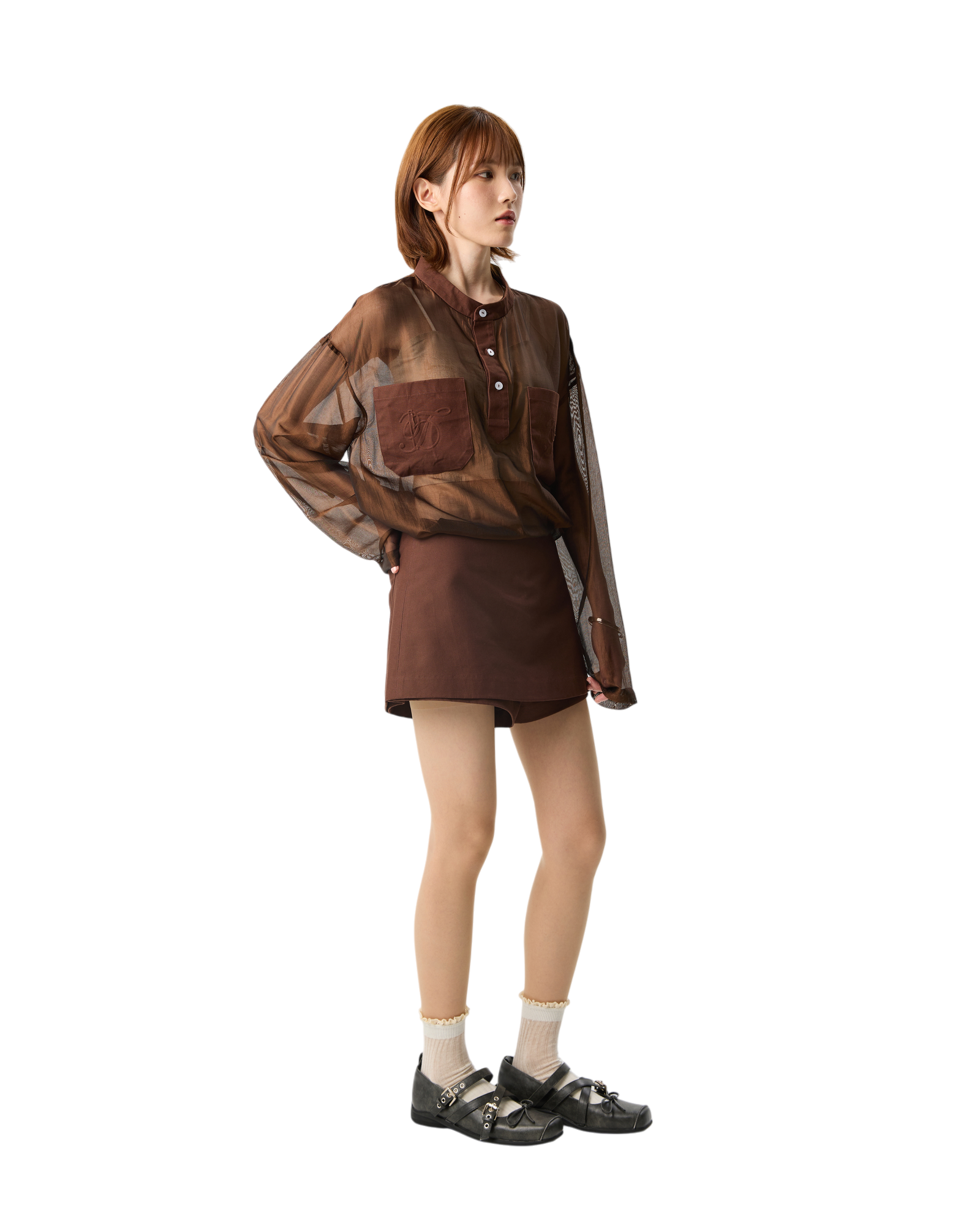 Women Sheer Shirt Dress Chocolate Brown