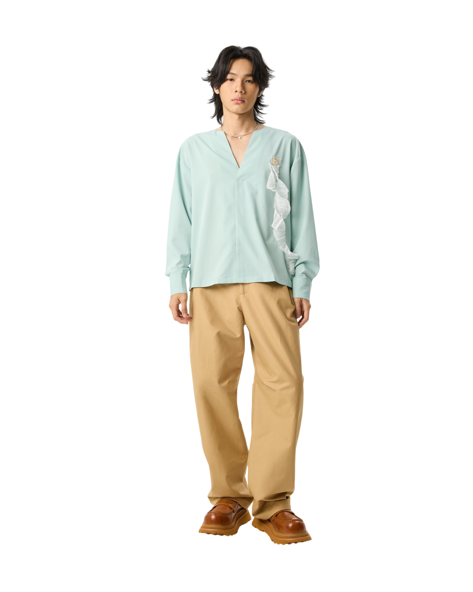 Men V-neck Long Sleeve Blouse With Lace Turquoise