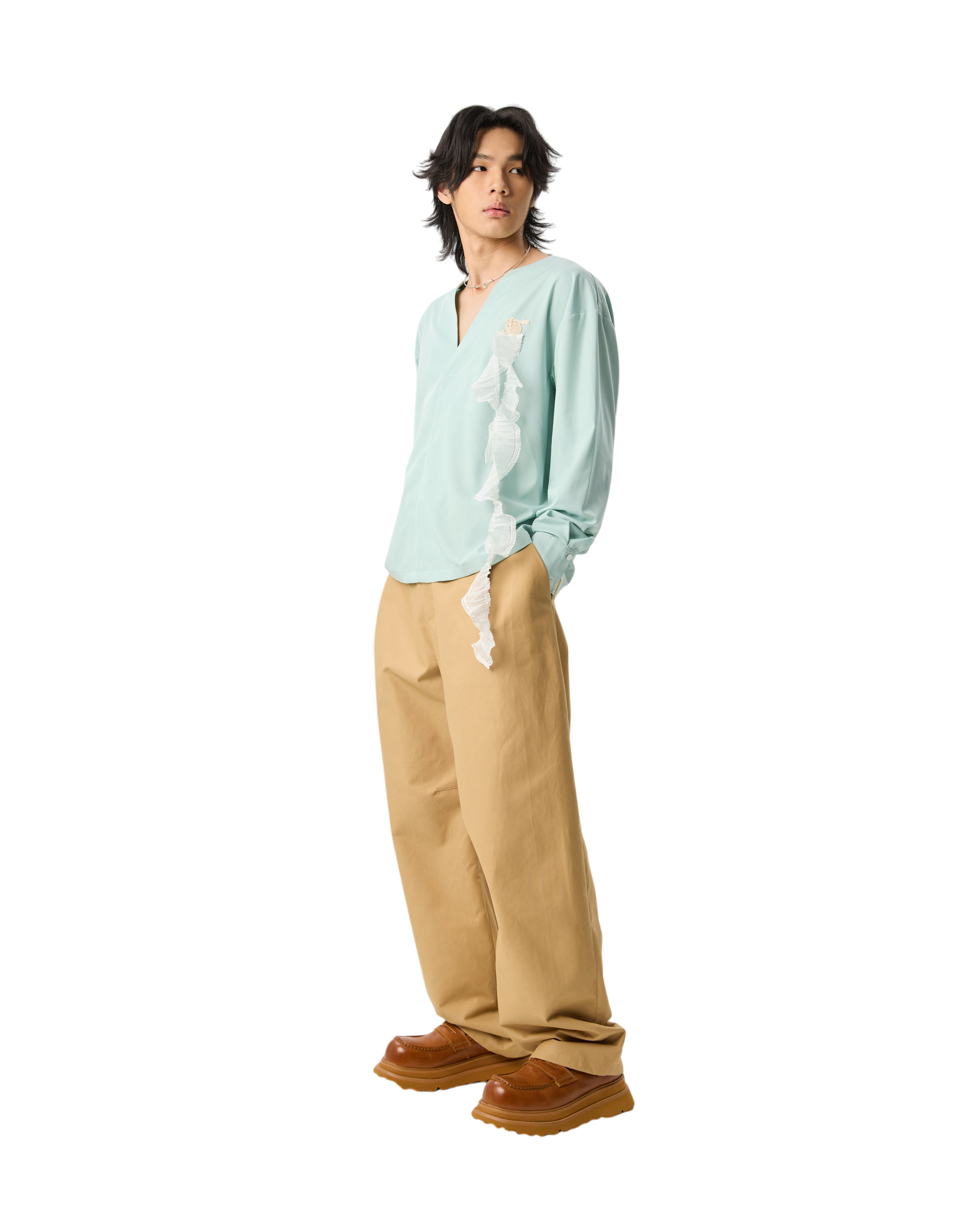 Men V-neck Long Sleeve Blouse With Lace Turquoise
