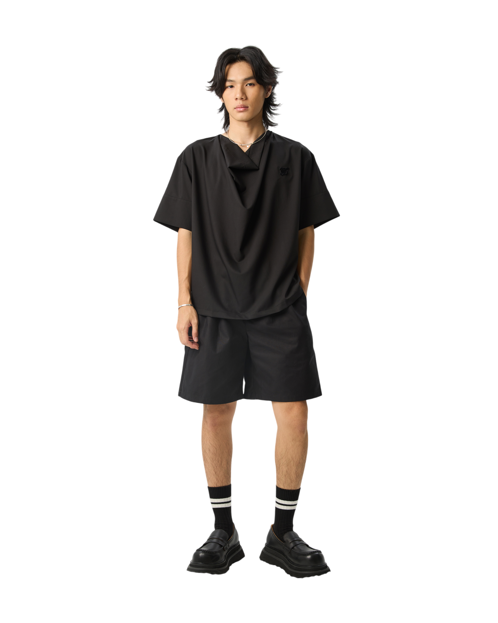Men Draped Cowl Neck Shirts Black