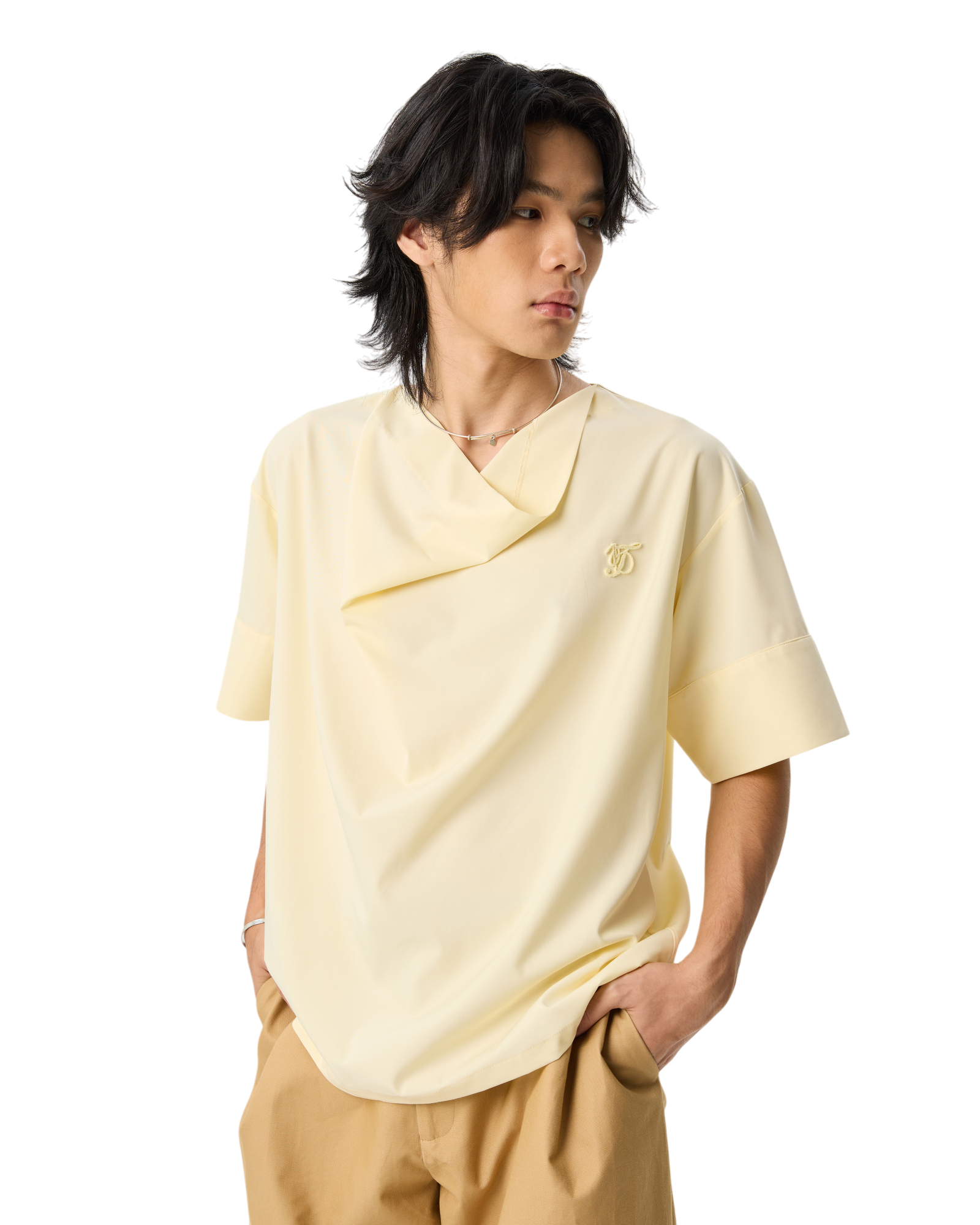 Men Draped Cowl Neck Shirts Yellow