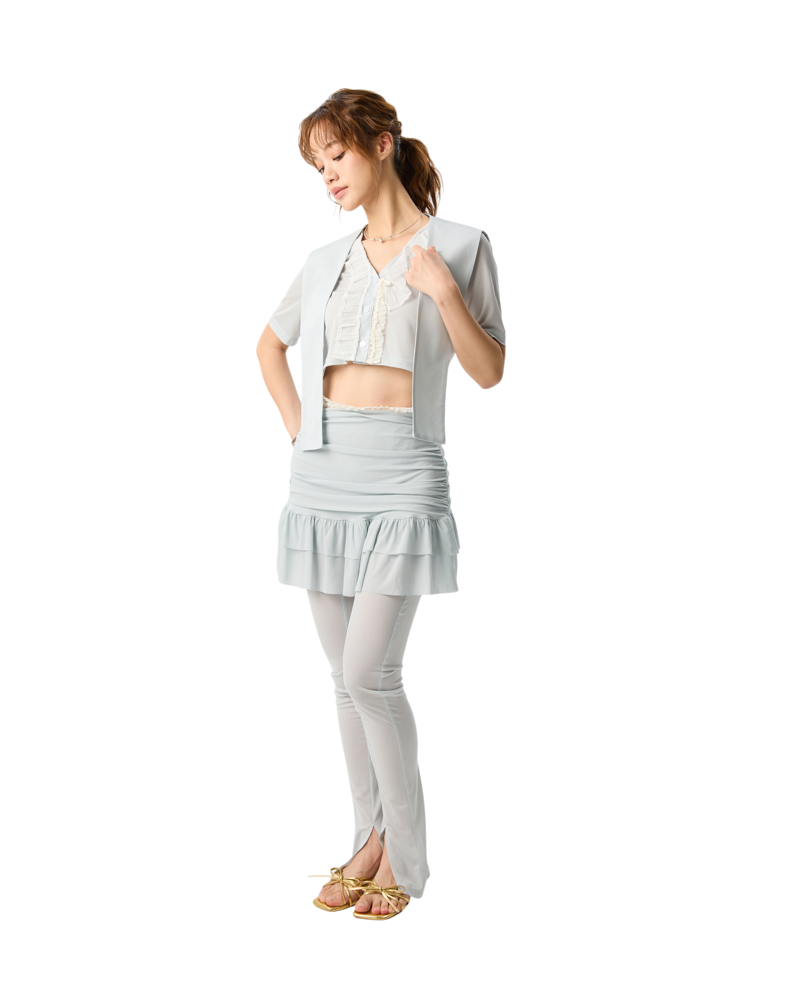 Lay Over Sheer Knit Cropped Top With Lace Turquoise
