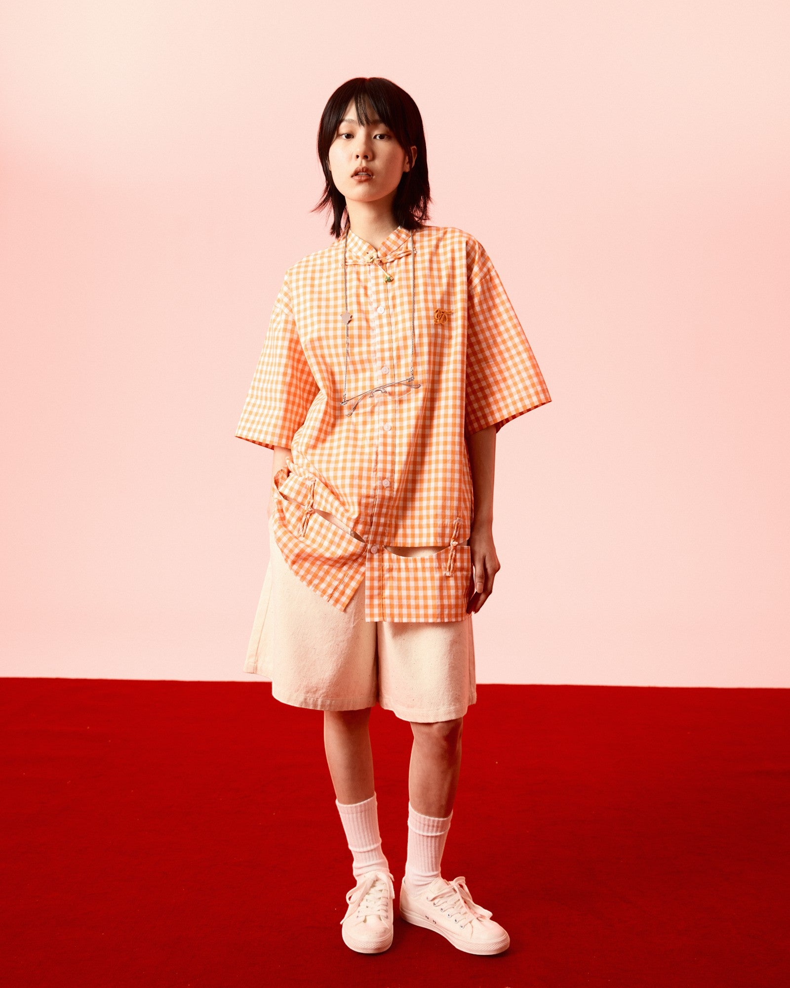 Gingham Chinese Collar Shirt